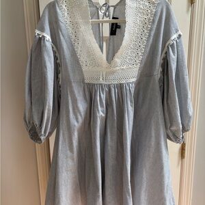 Aakaa White and Blue Striped Lace Dress